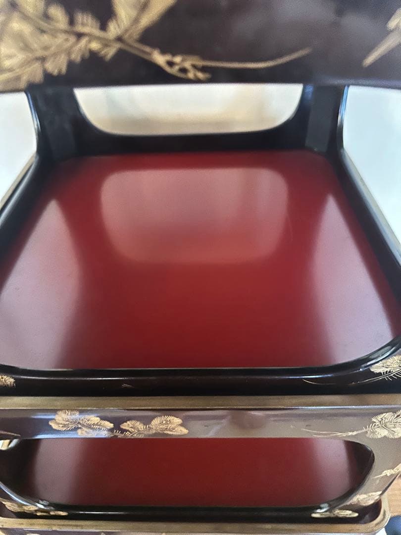 輪島塗 脚付膳 入れ子　５客 明治期 廣盆 漆器 蒔絵 黒朱塗沈金 漆塗