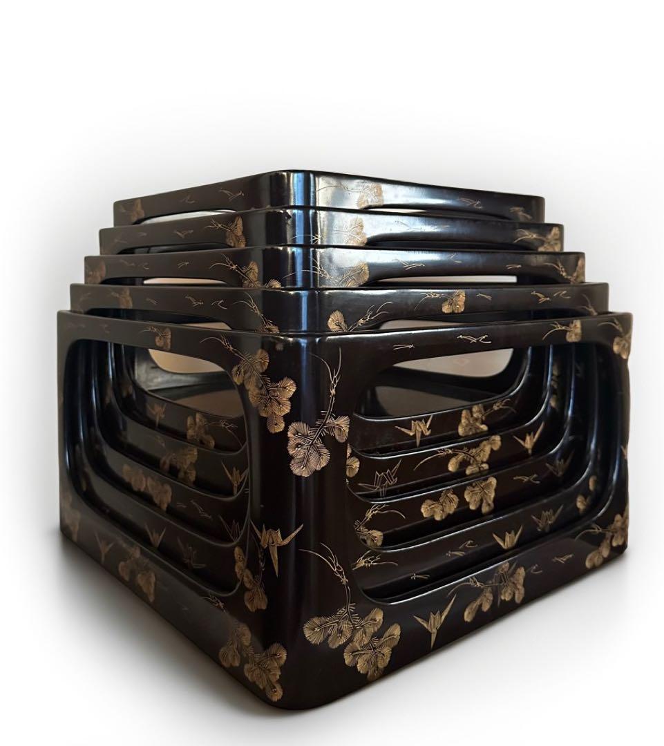 輪島塗 脚付膳 入れ子　５客 明治期 廣盆 漆器 蒔絵 黒朱塗沈金 漆塗