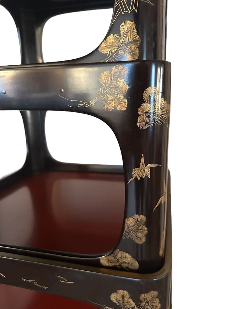 輪島塗 脚付膳 入れ子　５客 明治期 廣盆 漆器 蒔絵 黒朱塗沈金 漆塗