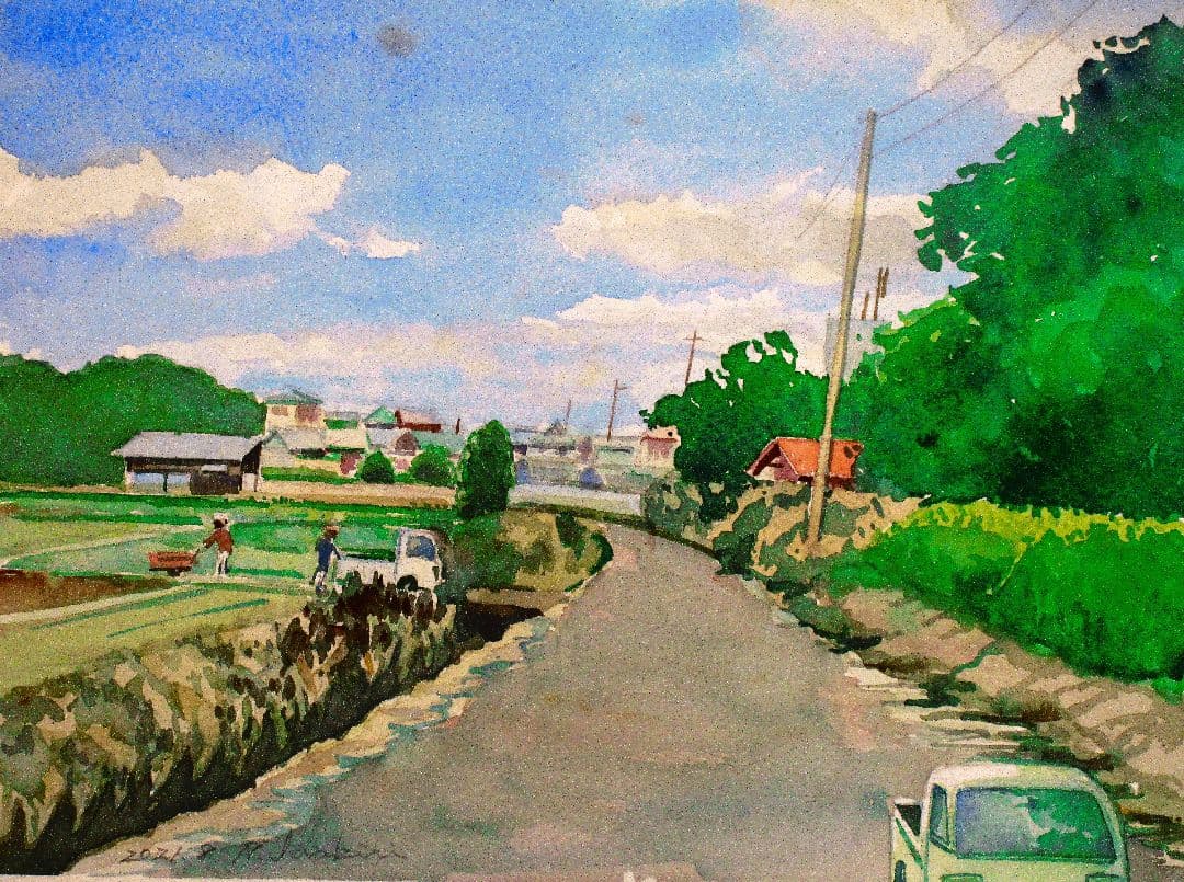 水彩画 畑の風景 額装済み 原画