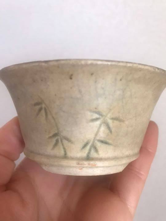 盆栽鉢　⑰時代希少小品盆栽展記念鉢竹模様美豊作、瑞穂作織部竹模様2点山野草植木鉢