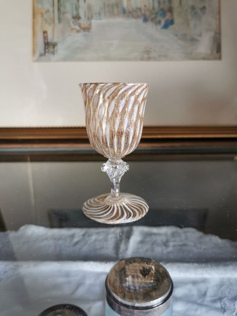 アンティーク ヴェネチアンガラス ムラーノグラス金彩ペア✧オパールセント＆レース