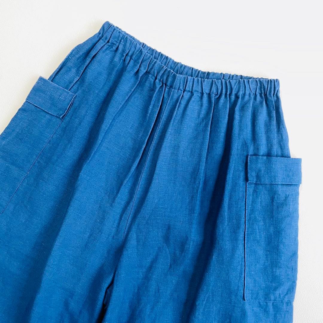 6105 中川政七商店　リネンガウチョパンツ　麻100% サイドポケット　ブルー