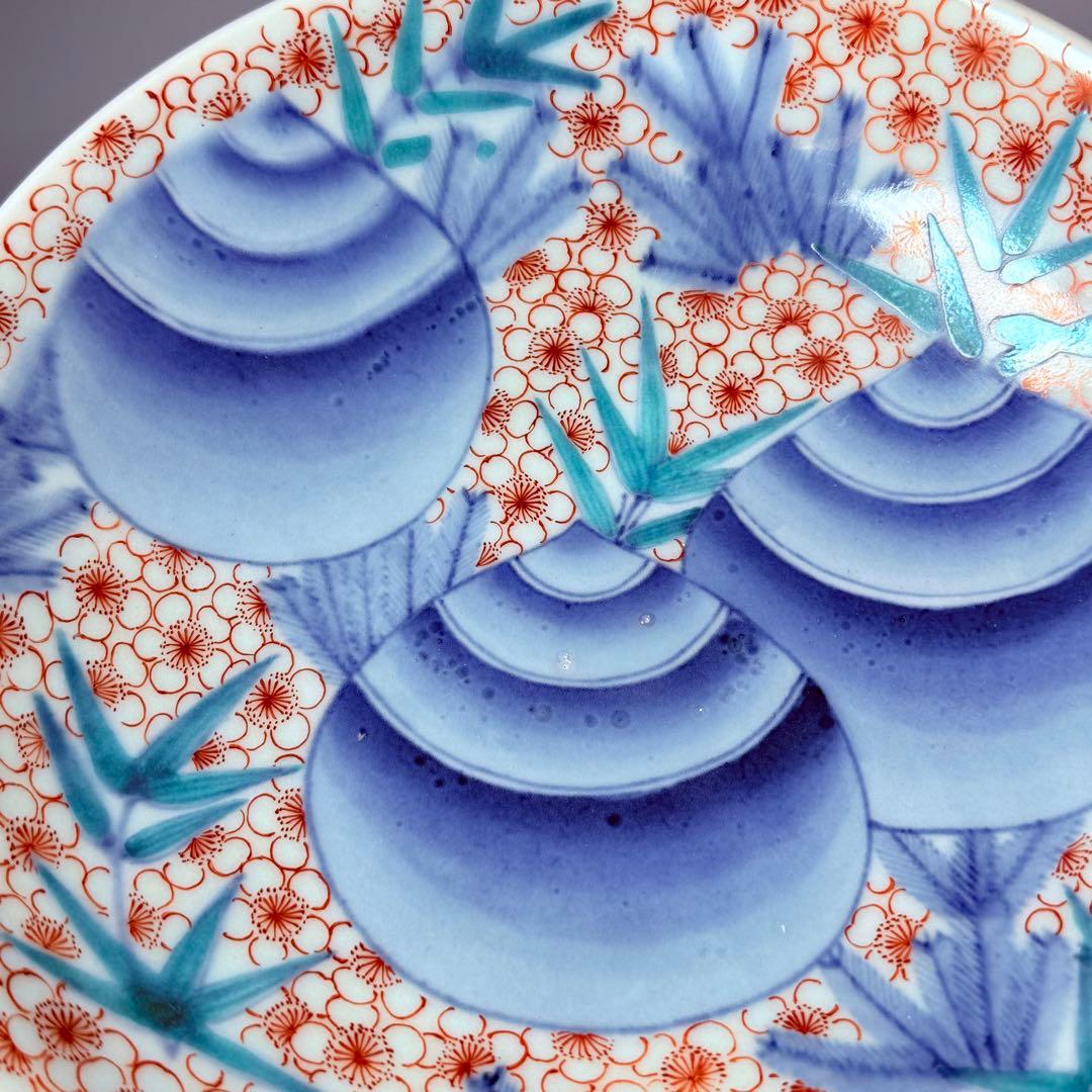 後期鍋島　献上品　色絵宝珠文高台皿　櫛文様高台　共箱　赤絵　桜文様