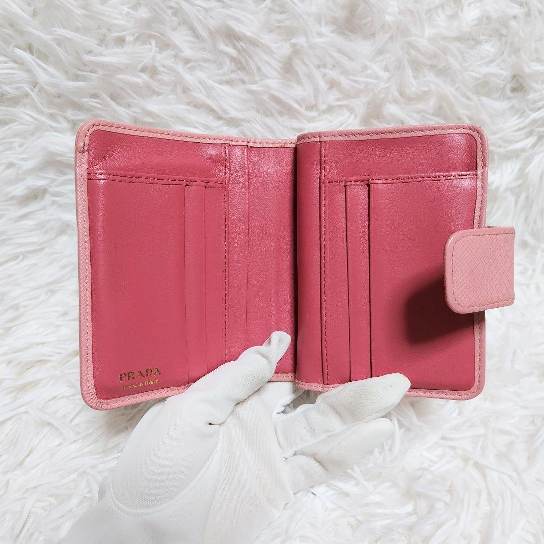 レア美品✨プラダ◇バイカラーミディアムコンパクト二つ折り財布　りぼんピンク