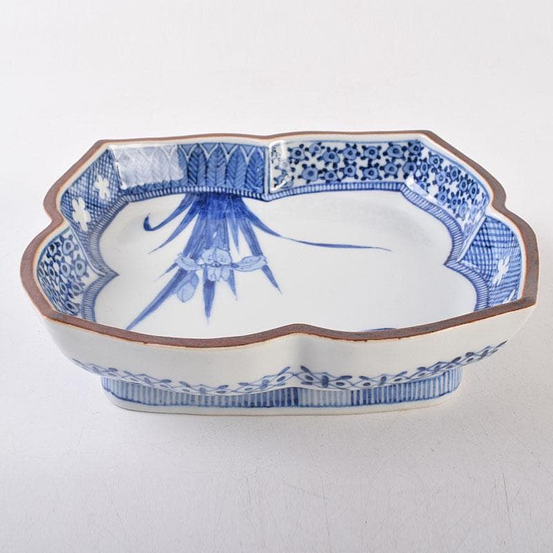 九谷焼　九谷寿楽窯　嶋田寿楽作　染付　菖蒲文　盛皿　共箱　V　R9055