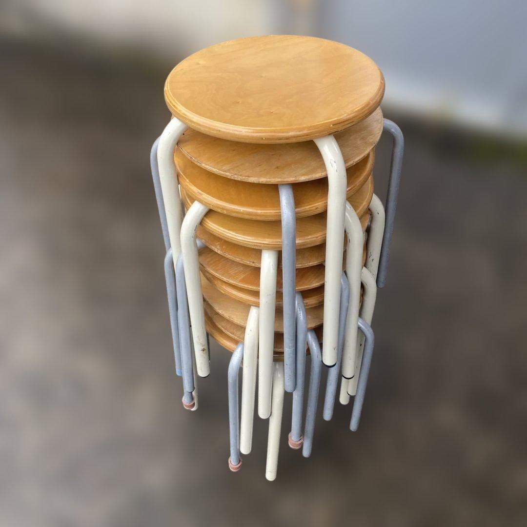 木製座面円形スツール 大量　まとめ　スタッキング可能　丸椅子　スチール　シンプル