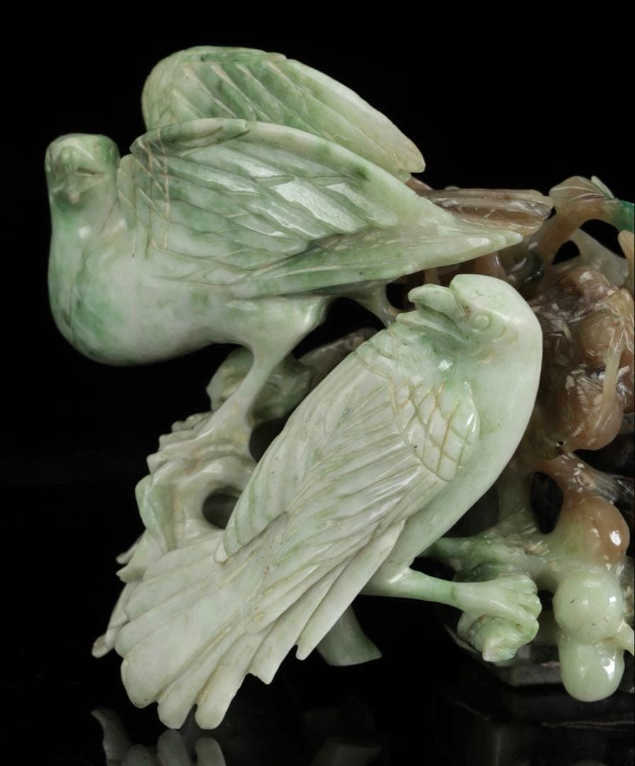 中国古玩 翡翠 玉石 鳥葡萄彫刻 960g 置物 唐物 細密彫刻 天然石 ヒスイ