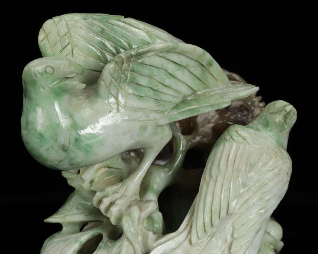 中国古玩 翡翠 玉石 鳥葡萄彫刻 960g 置物 唐物 細密彫刻 天然石 ヒスイ