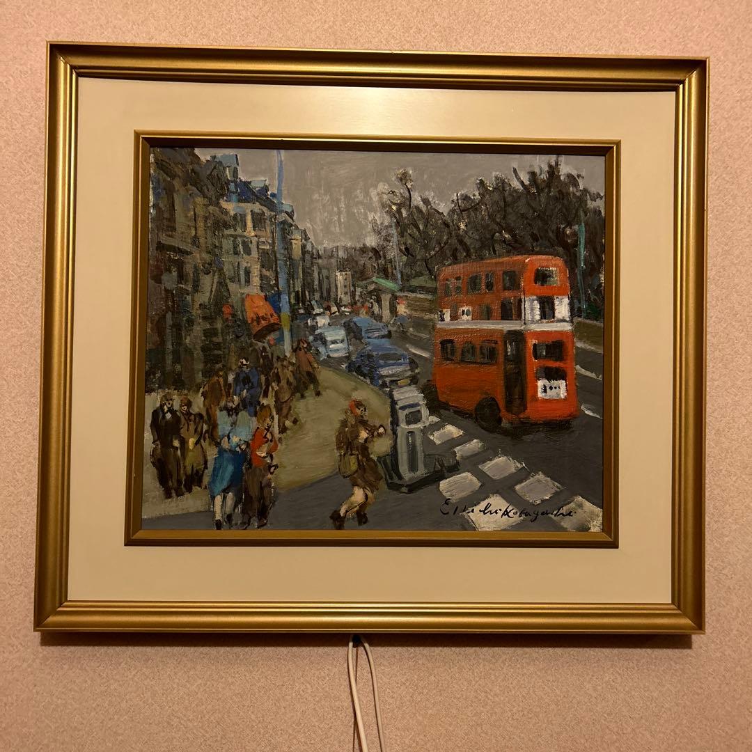 イギリス2階建て、街の風景 油彩画