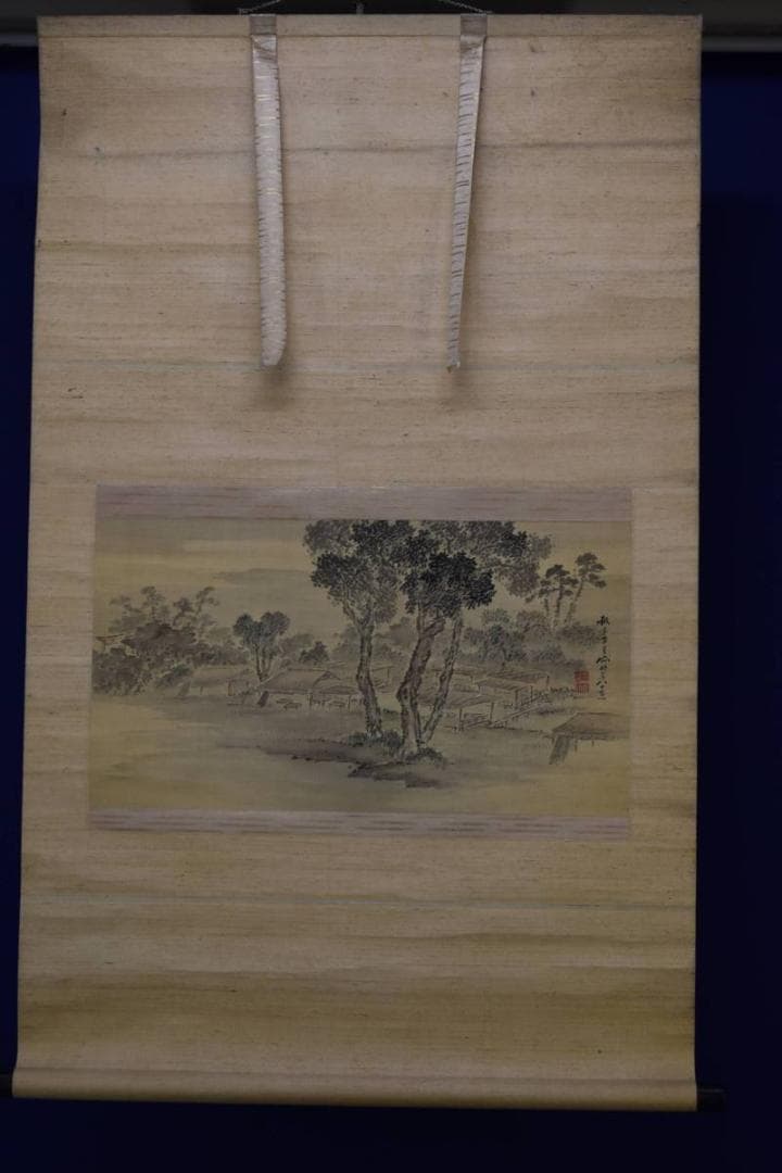 真作/佐伯岸岱/神社/茶店山水図/布袋屋掛軸HD-752