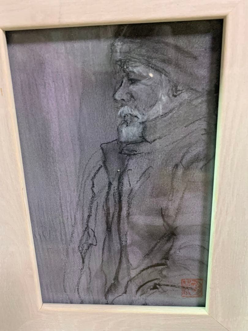 黒コンテ　デッサン　原画　ポストカードサイズ　額縁