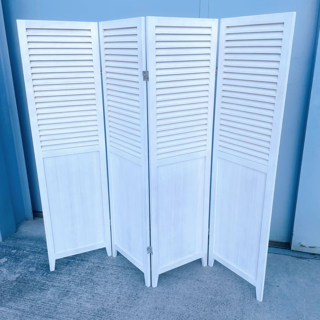 【美品/送料込】北欧風 木製4連パーテーション 衝立 白家具 間仕切り