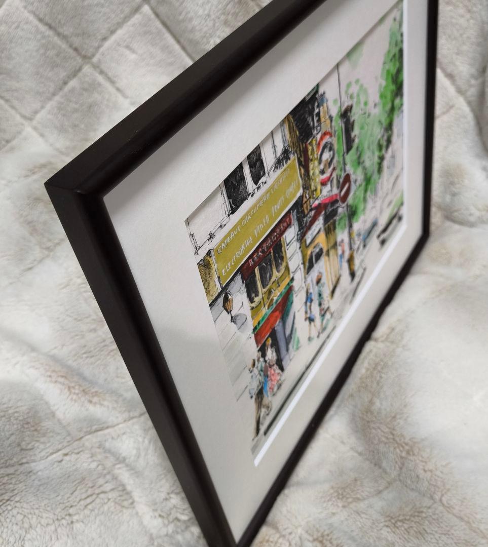 櫻井幸雄・パリ紀行「街角のレストラン」手彩画