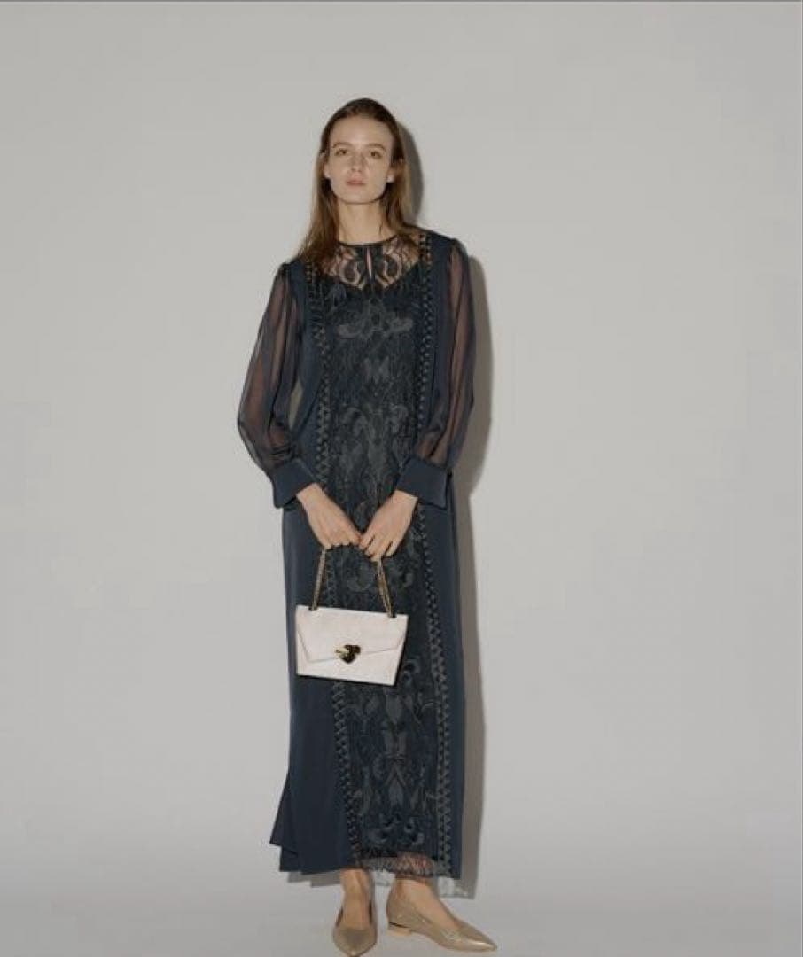 L'ERURE Jacquard lace pencil dress ネイビー