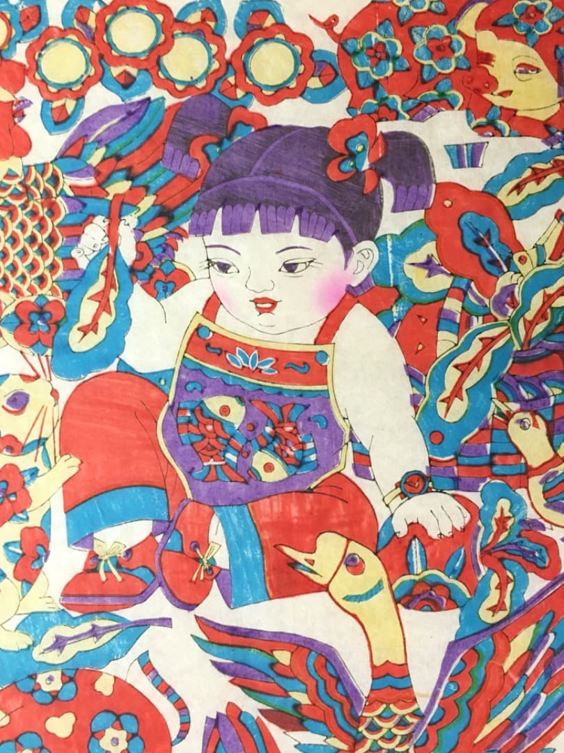【縁起物】動物と少女の色鮮やかな版画　版画 中国 年画 春節 節句 旧正月