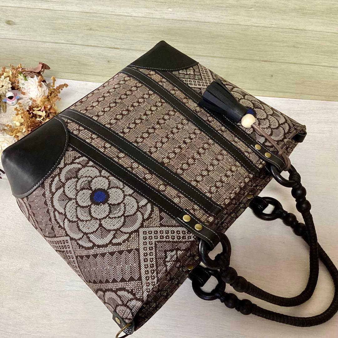龍郷 大島紬 ×本革 着物リメイク トートバッグ 和装バッグ ハンドメイド Ａ4