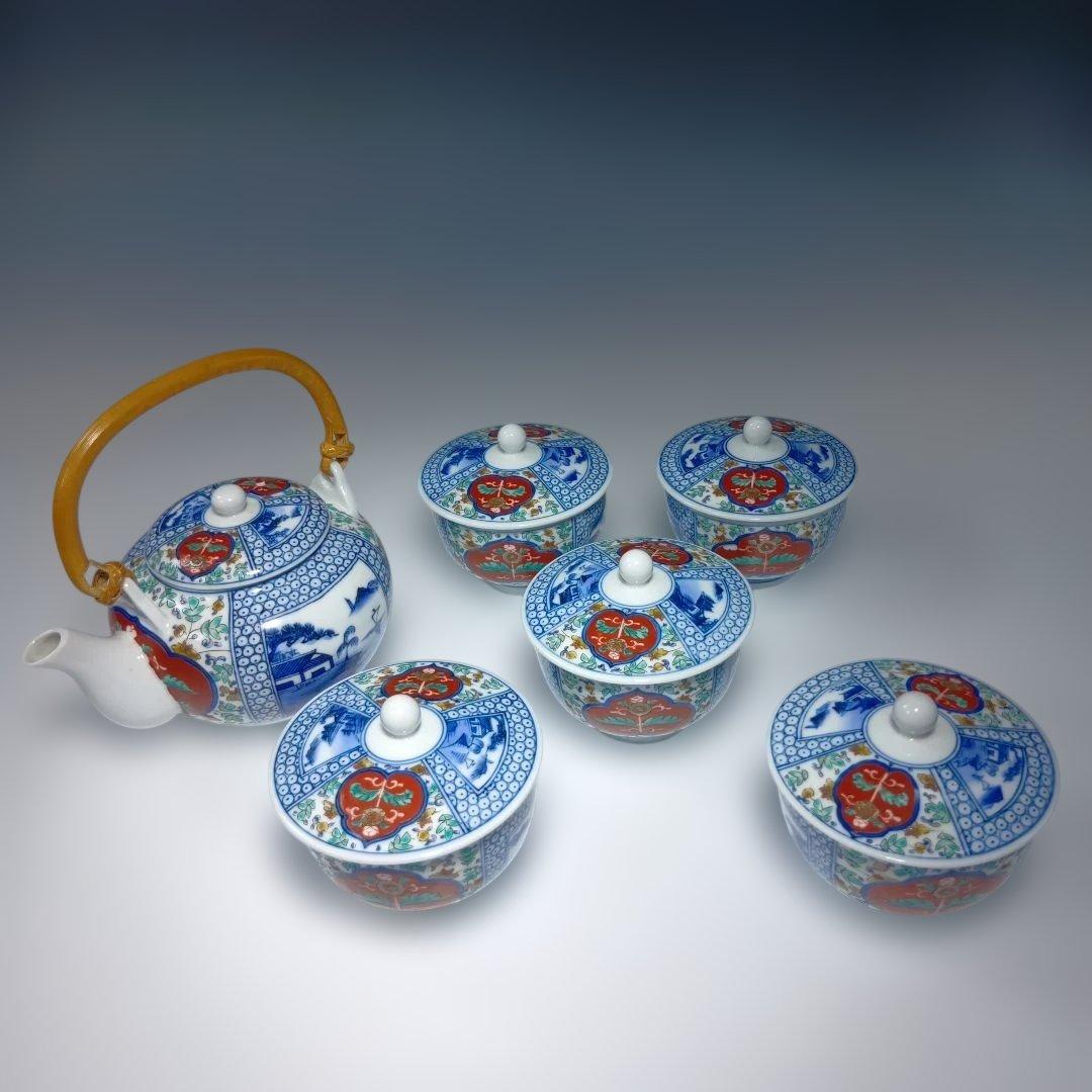 13代柿右衛門(染錦)山水地文番茶器セット一式　共箱