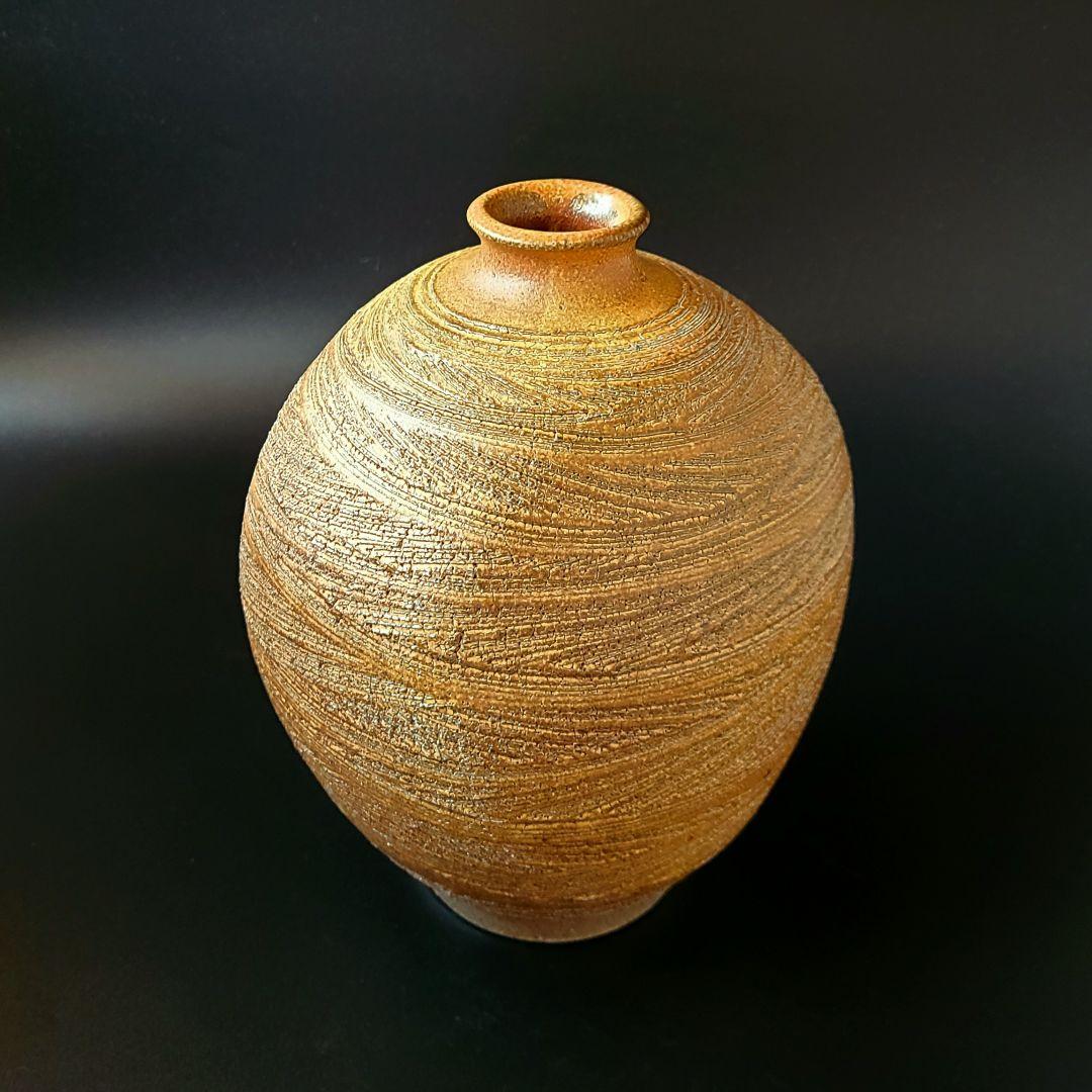 塩釉彩線紋扁壷　松尾潤　共箱　武雄市　現代陶芸　飾壷　花入　花瓶　花活け