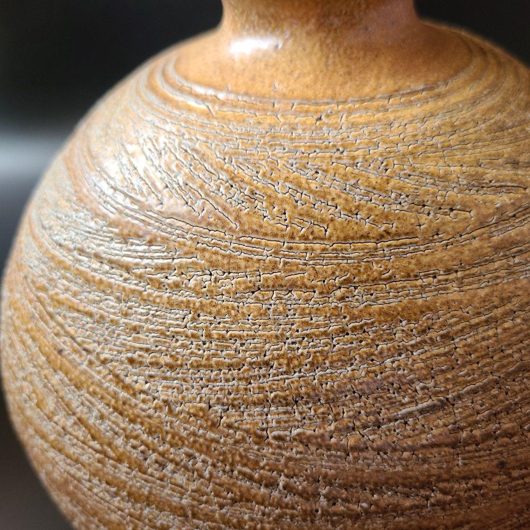 塩釉彩線紋扁壷　松尾潤　共箱　武雄市　現代陶芸　飾壷　花入　花瓶　花活け