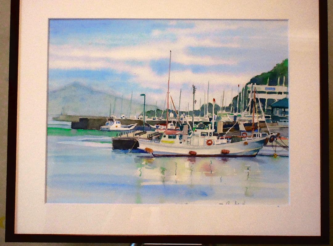 浦賀港の風景 水彩画 額装済み