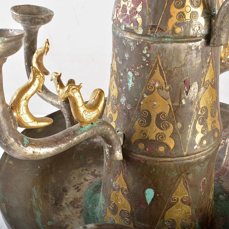 中国　古銅　金象嵌神獣人物文　燭台　蝋燭立　D　R5281B
