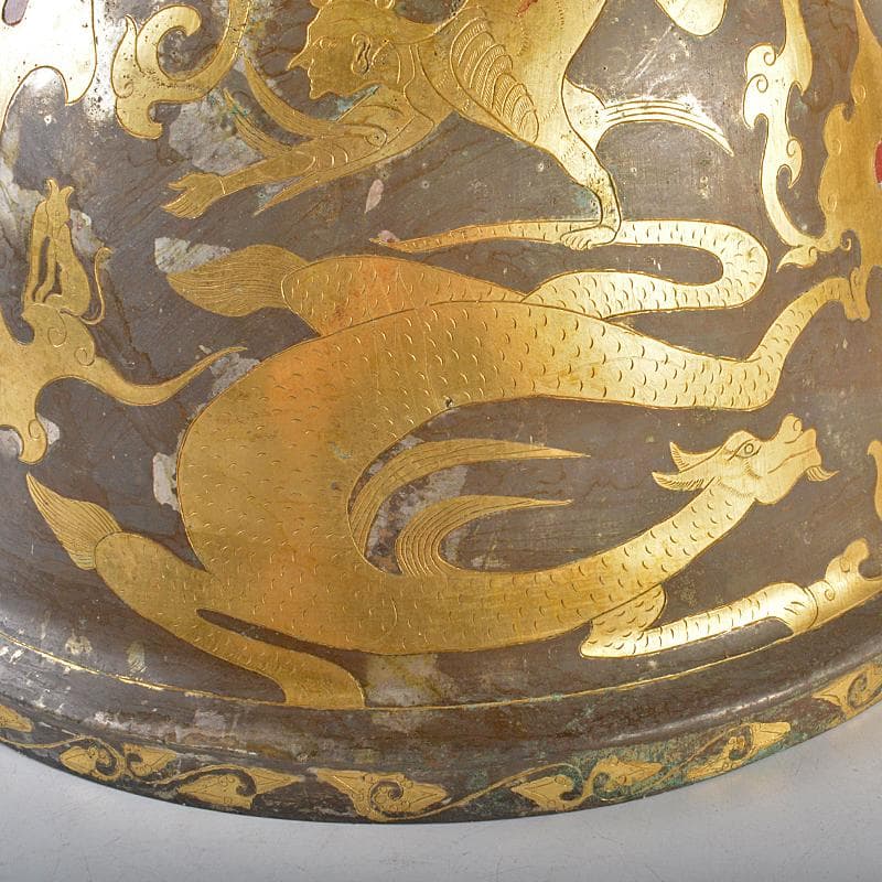 中国　古銅　金象嵌神獣人物文　燭台　蝋燭立　D　R5281B