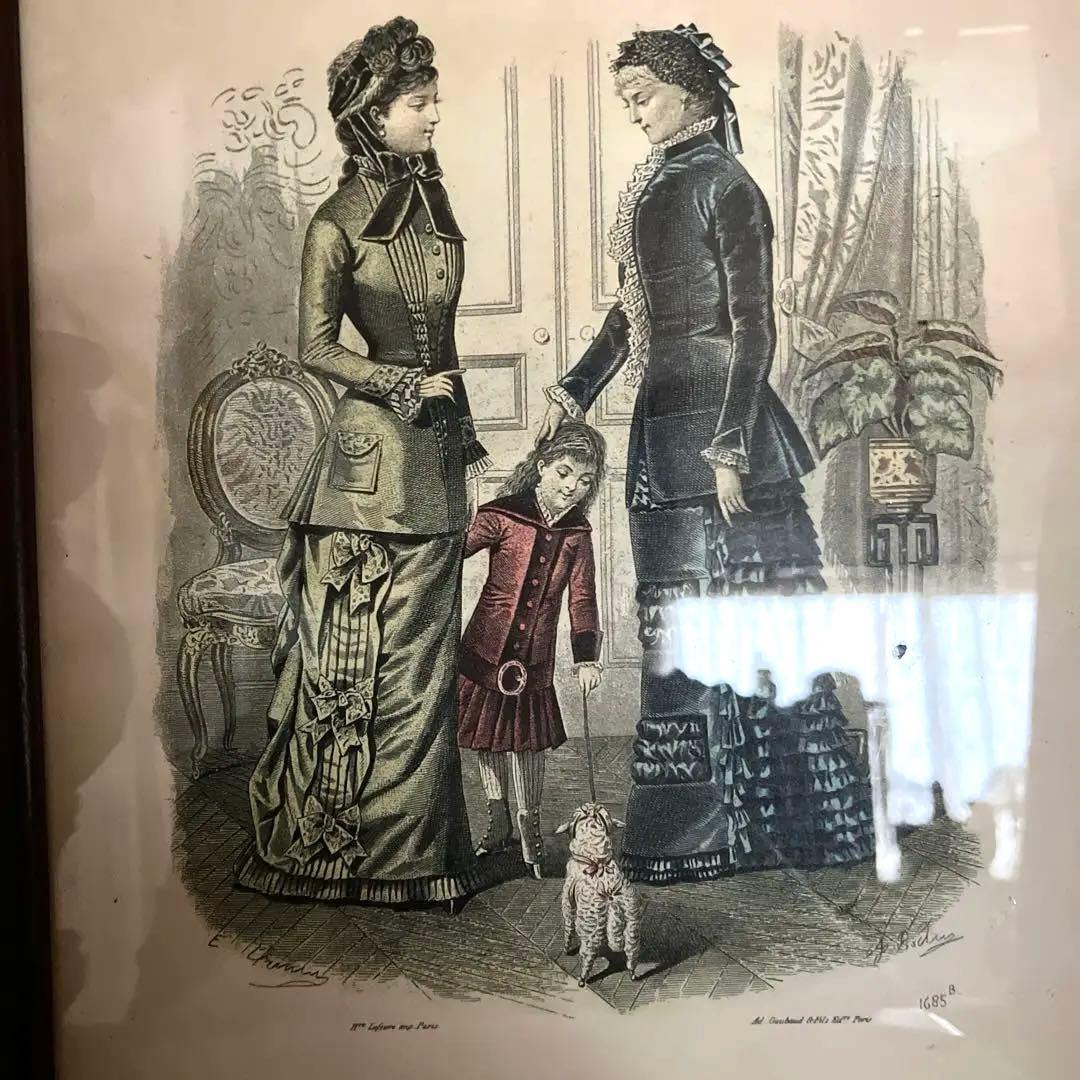 フランス アンティーク 木製　ファッションイラスト付き　フレーム　額 １９００年