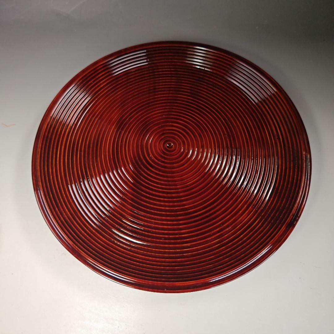 イ331 盆『塗師　哲山作』『溜塗ロクロ目　丸盆　共箱』茶道具　漆塗