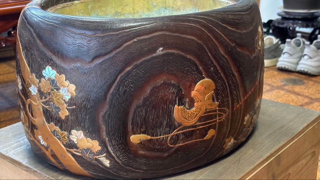 時代品　金蒔絵　螺鈿　高肉　桐火鉢