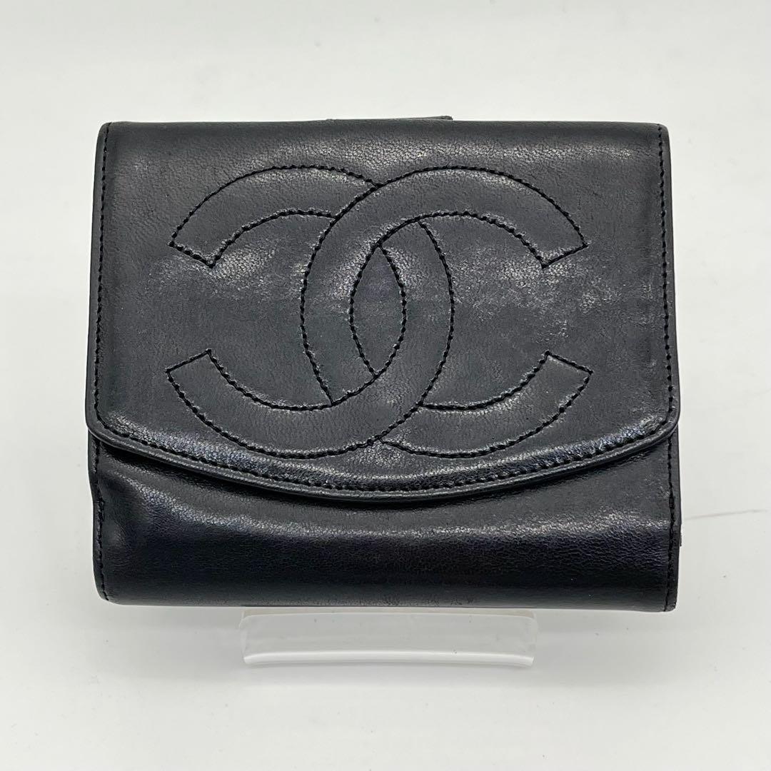 CHANEL 二つ折り財布 デカココマーク ロゴ入り 黒 ギャランティカード付き