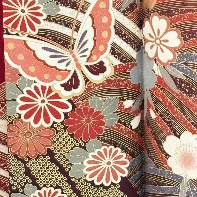 ゆりのはな　振袖　京友禅金彩加工　流水に蝶/さくら模様　赤色系　正絹　F306