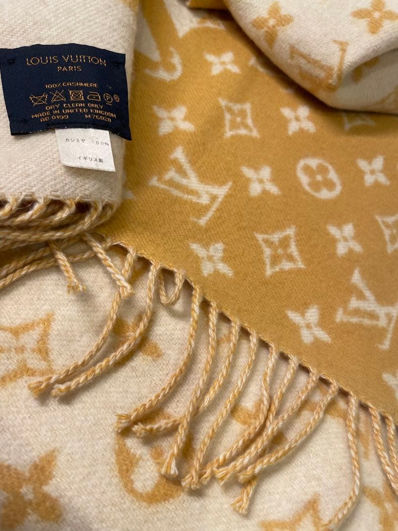 【極美品】LOUIS VUITTON ロゴ入りマフラー イエローカシミヤ100%