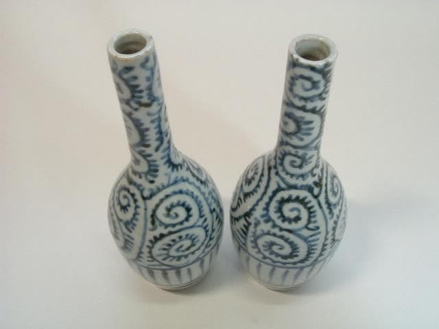 徳利■古伊万里染付蛸唐草紋とっくり 酒器 2本 花瓶 骨董 時代物(江戸後期)■