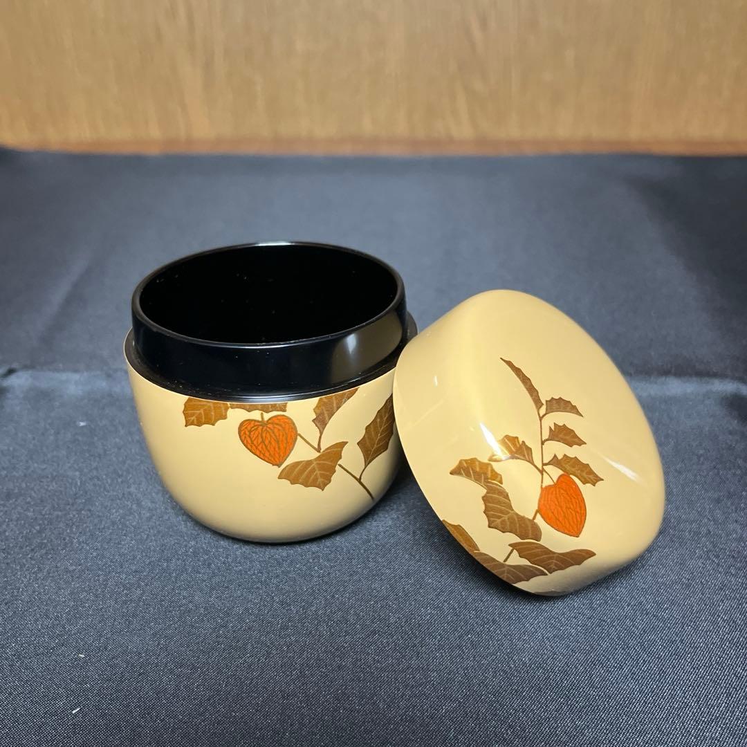 【池端治峰】 白塗 酸漿蒔絵 中棗 （共箱、共布）送料無料 36