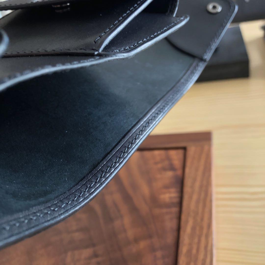 新喜皮革コードバン×サドルレザー 三つ折りミニウォレット 総手縫い ブラック