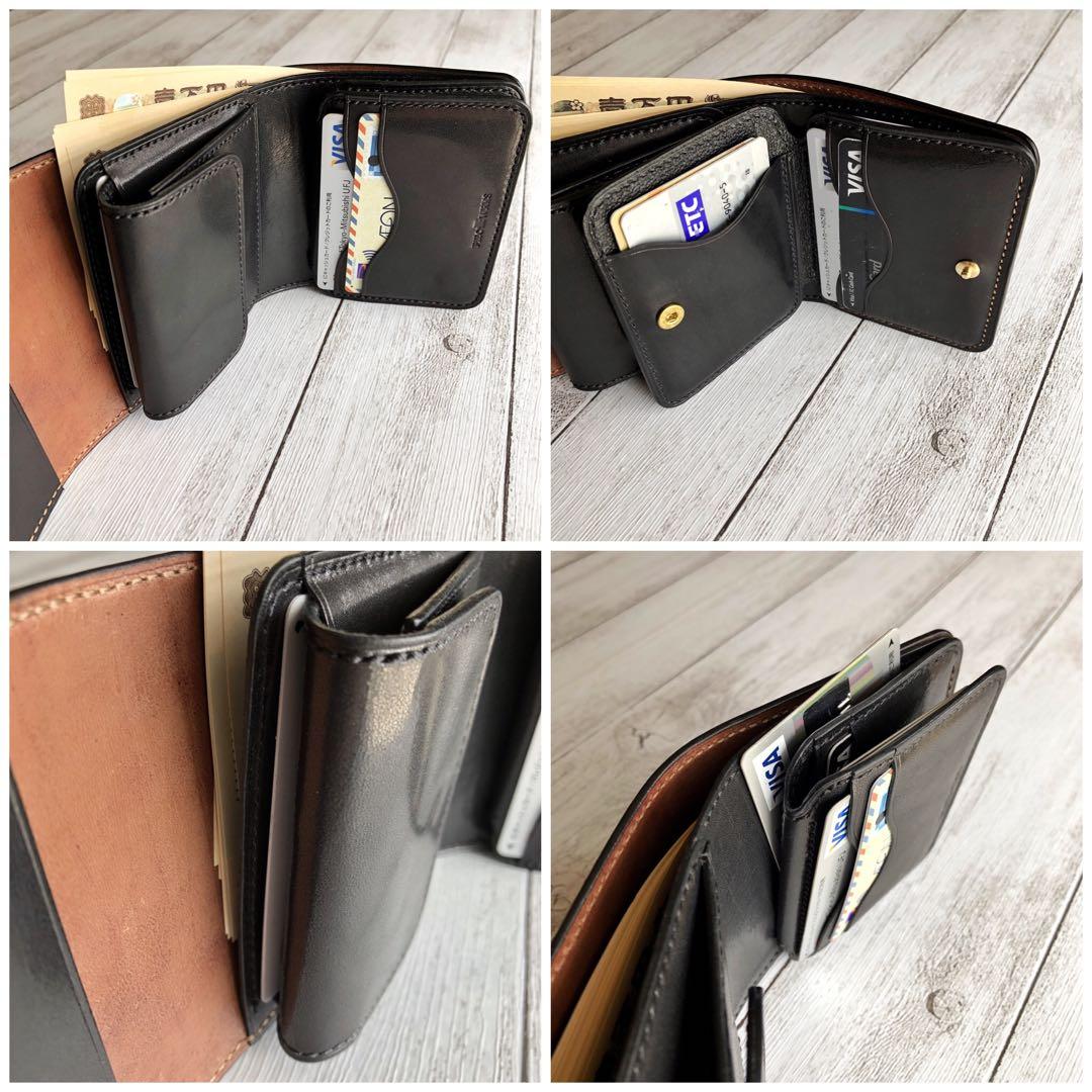 新喜皮革コードバン×サドルレザー 三つ折りミニウォレット 総手縫い ブラック