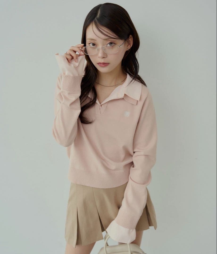 Chico レイヤード襟付きポロニット ピンク