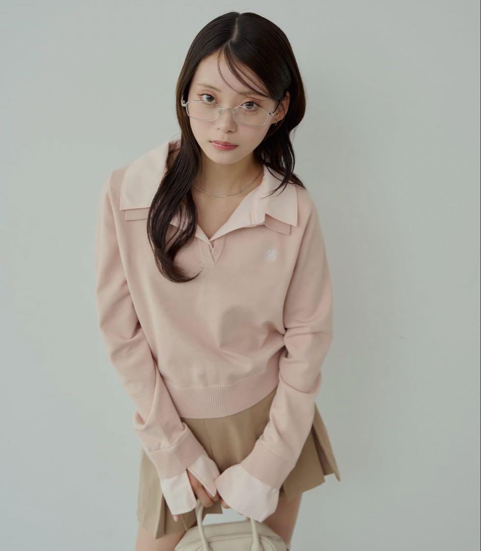 Chico レイヤード襟付きポロニット ピンク