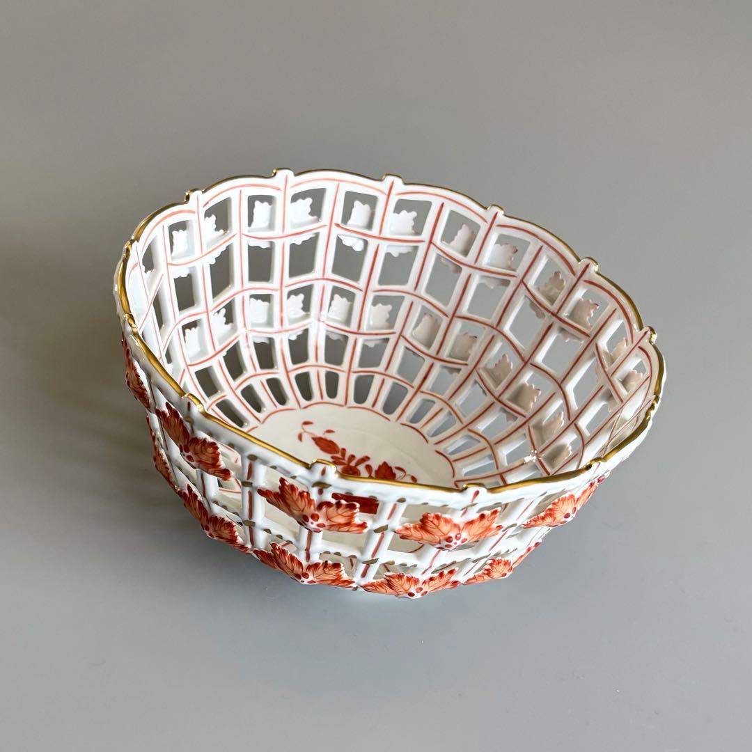 HEREND　ヘレンド　アポニーオレンジ　手描き　透かしバスケット【未使用】