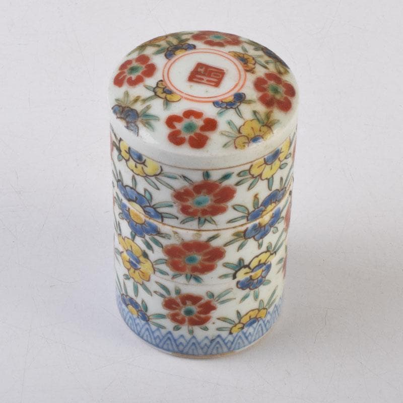 中国　粉彩　花草文　三段重箱　蓋物　V　8785