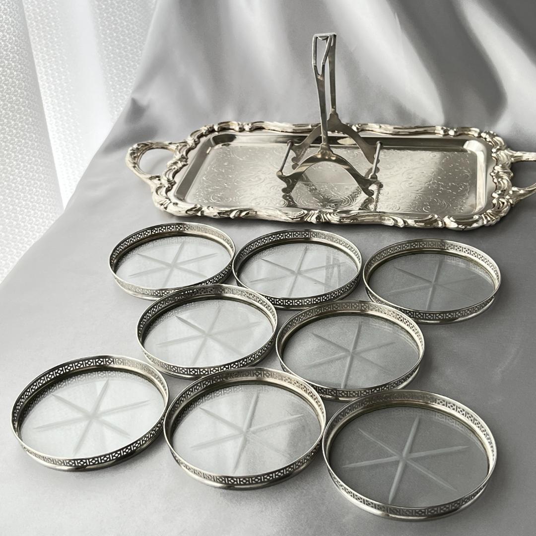 【Webster】ワイングラスコースター 8枚【純銀/ガラス】 ホルダー