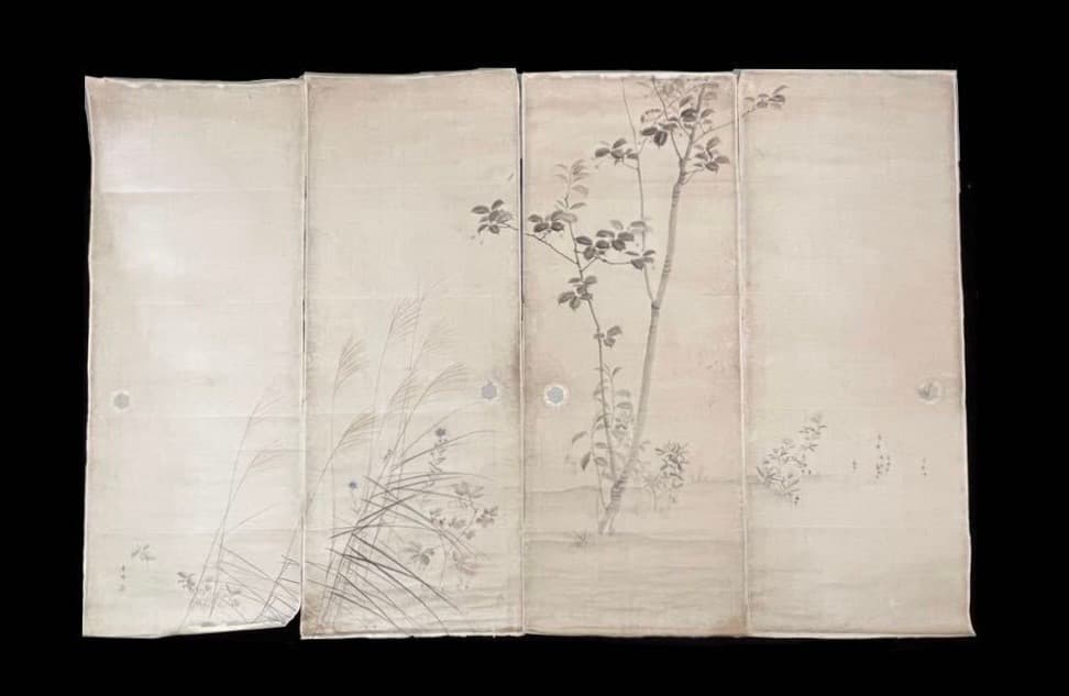 『希少』 真筆 八木奇峰 肉筆花鳥図 襖絵 四枚 江戸明治 花鳥画 彩色墨画