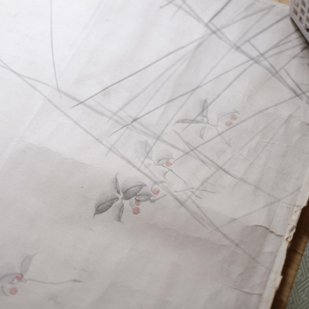 『希少』 真筆 八木奇峰 肉筆花鳥図 襖絵 四枚 江戸明治 花鳥画 彩色墨画