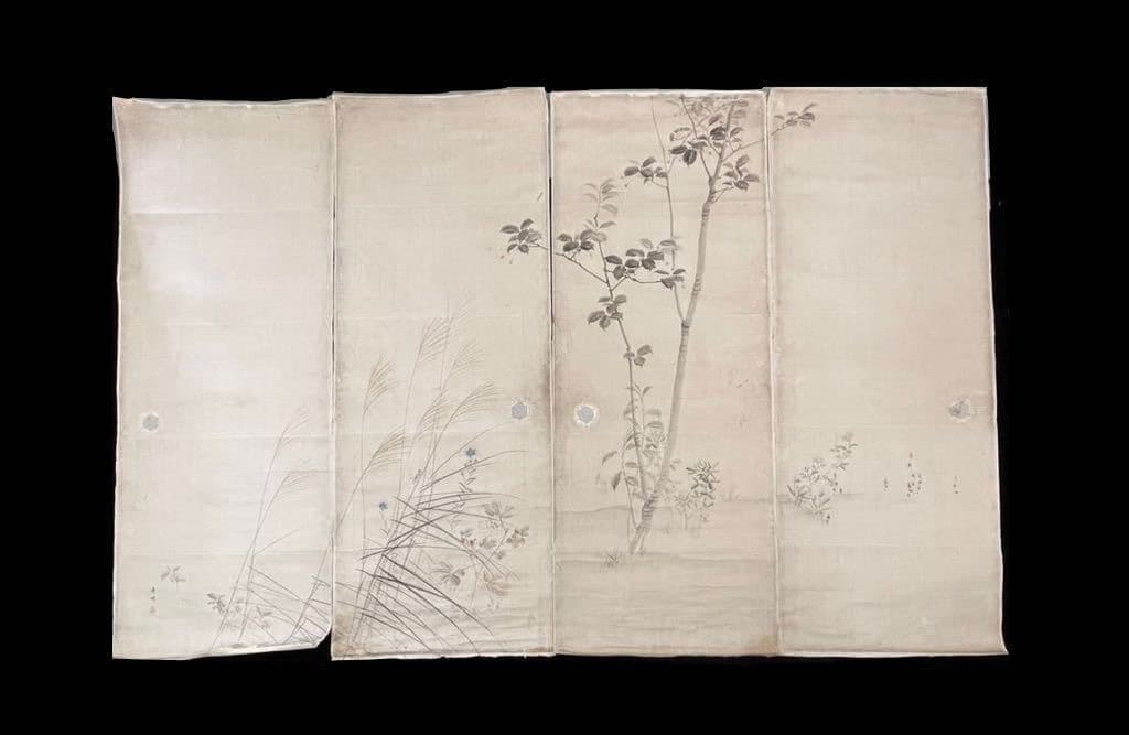 『希少』 真筆 八木奇峰 肉筆花鳥図 襖絵 四枚 江戸明治 花鳥画 彩色墨画