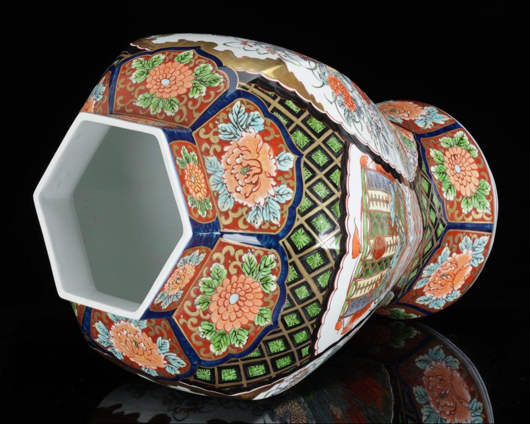 有田焼 龍右衛門 染錦窓絵花鳥図 沈香壺 飾壺 三段壺 特大85㎝ 骨董 古美術