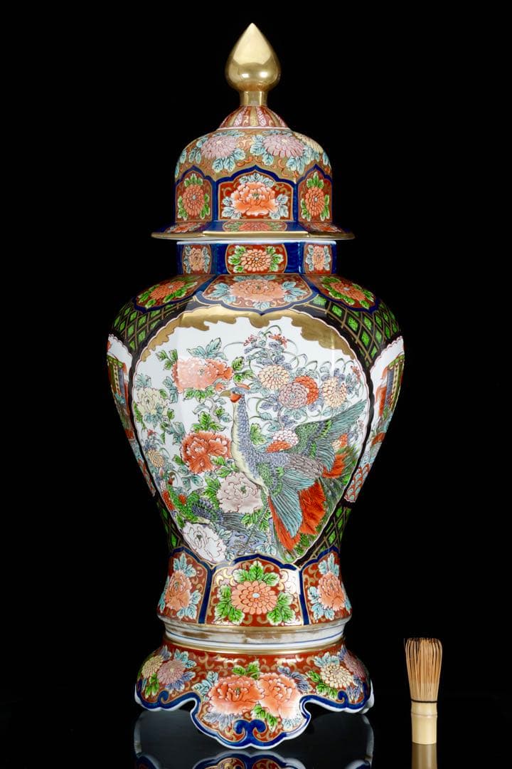 有田焼 龍右衛門 染錦窓絵花鳥図 沈香壺 飾壺 三段壺 特大85㎝ 骨董 古美術