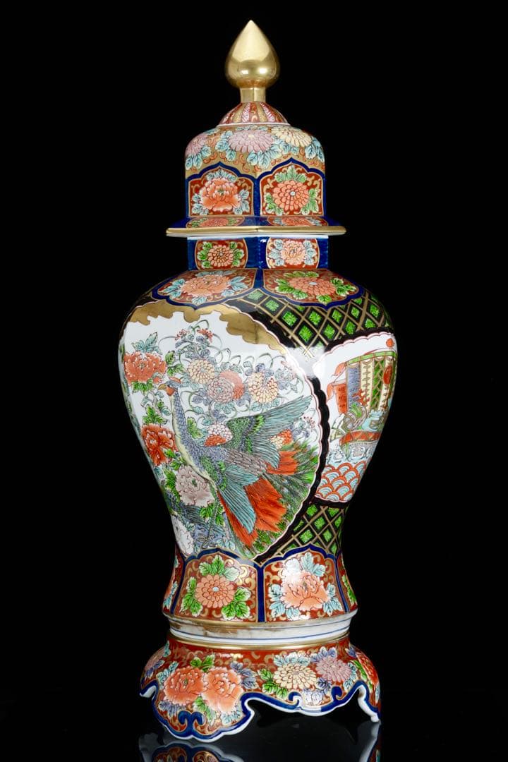 有田焼 龍右衛門 染錦窓絵花鳥図 沈香壺 飾壺 三段壺 特大85㎝ 骨董 古美術