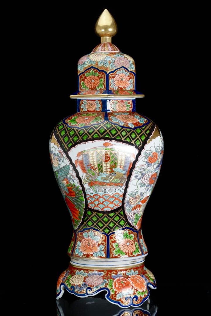 有田焼 龍右衛門 染錦窓絵花鳥図 沈香壺 飾壺 三段壺 特大85㎝ 骨董 古美術