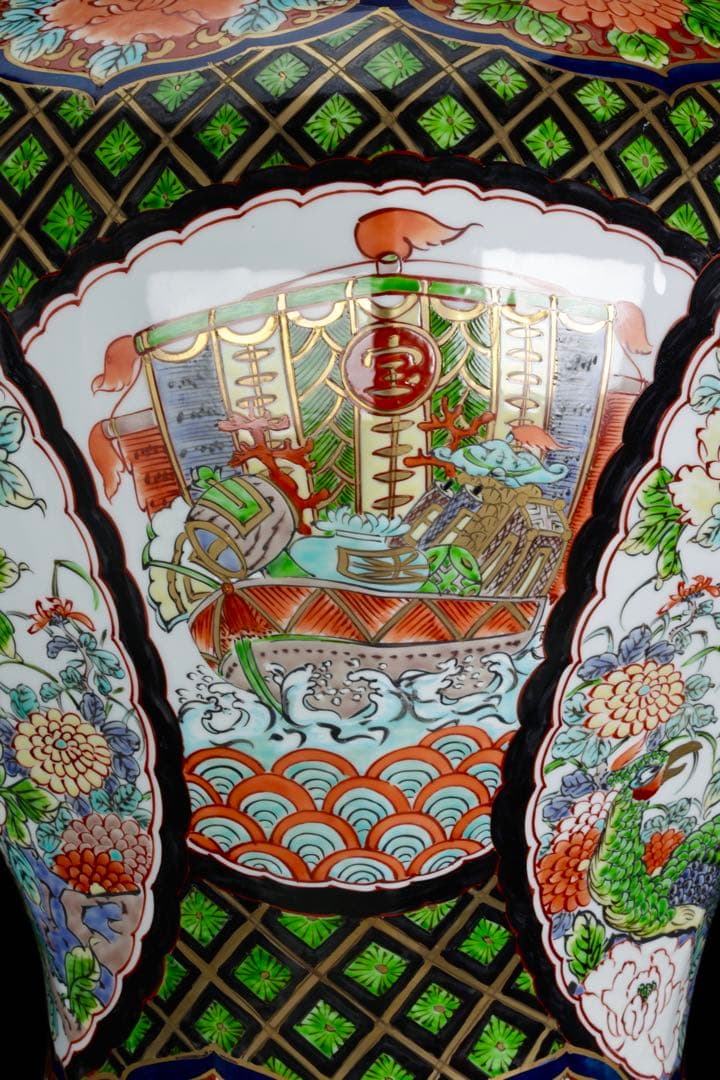 有田焼 龍右衛門 染錦窓絵花鳥図 沈香壺 飾壺 三段壺 特大85㎝ 骨董 古美術